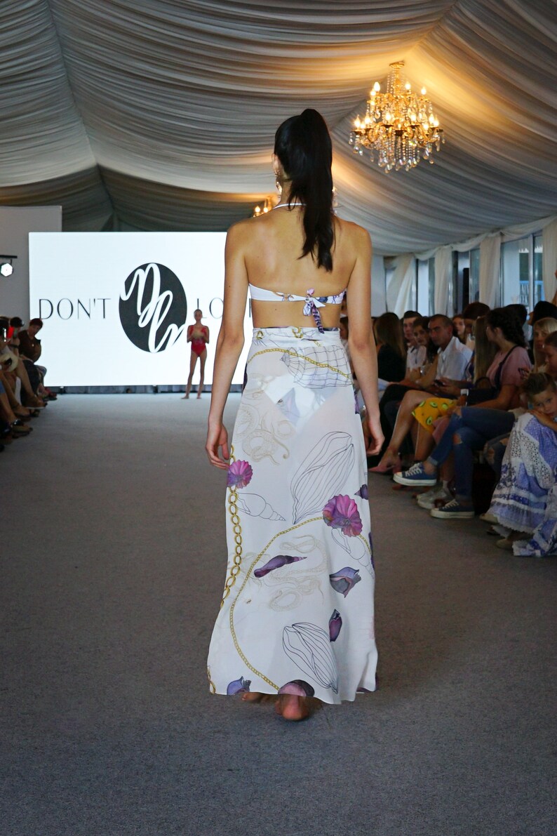 Sheer white chiffon beach skirt with watercolor pattern long printed pareo