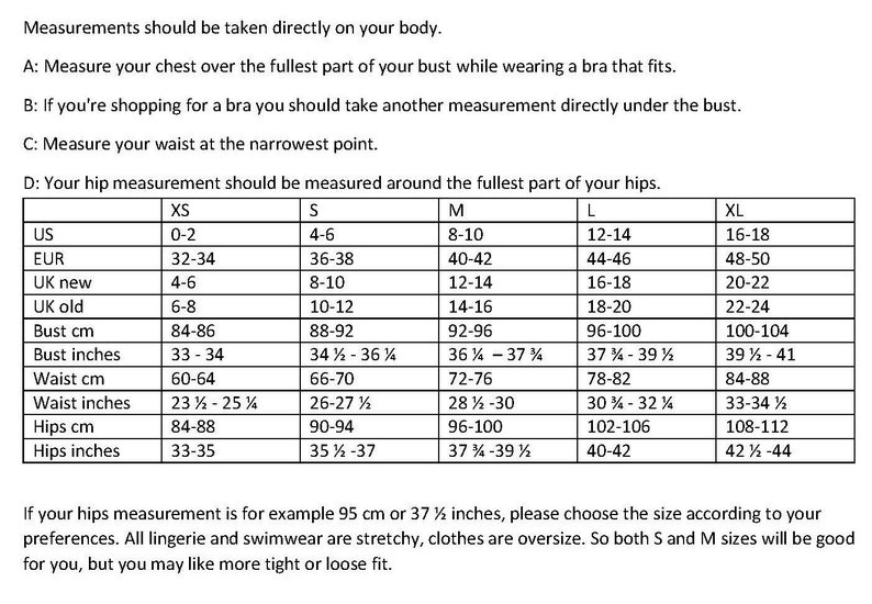Puede incluir: Una tabla de tallas para lencer&iacute;a y ropa de ba&ntilde;o con medidas en tallas de EE. UU., europeas y brit&aacute;nicas. La tabla incluye medidas de busto, cintura y cadera en pulgadas y cent&iacute;metros.