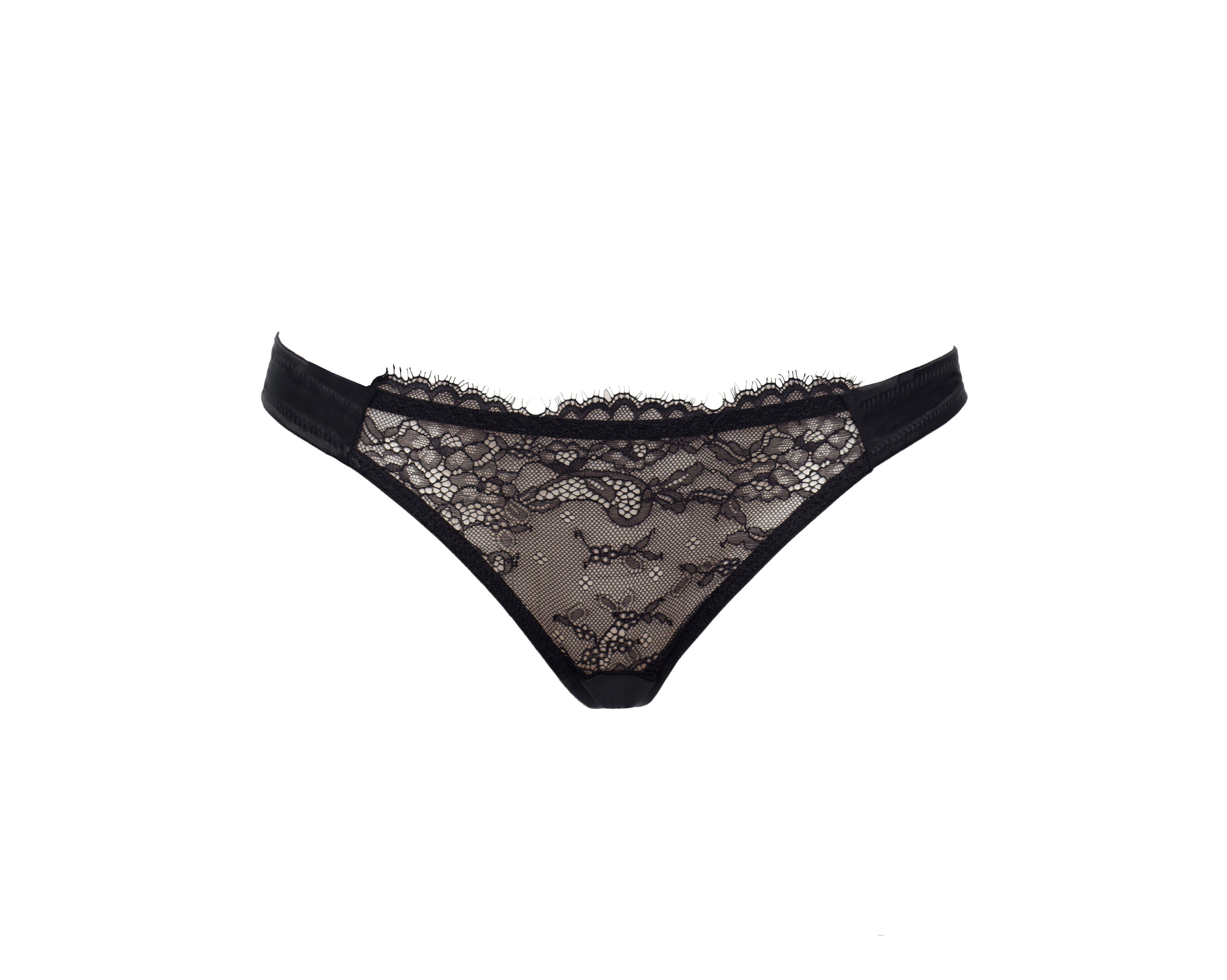 Black Sexy Satin Thong, Panties With Sheer Lace Insert, Delicate Thongs