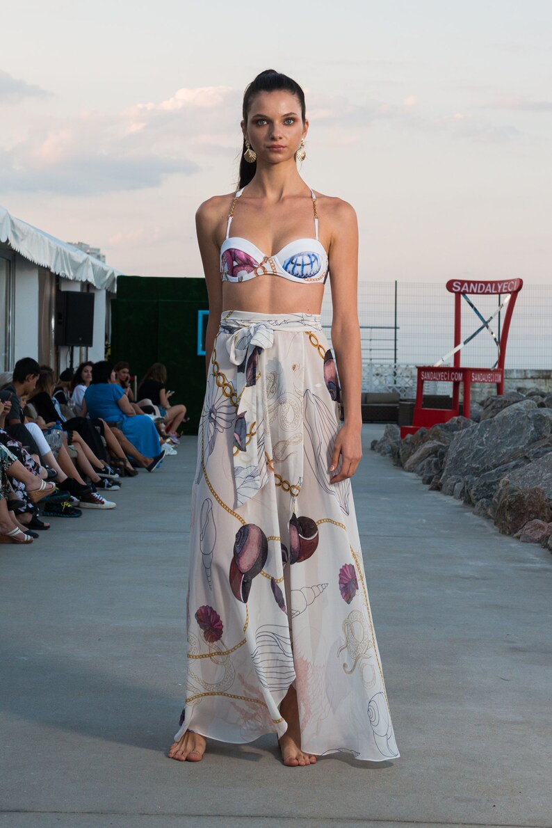 Sheer white chiffon beach skirt with watercolor pattern long printed pareo