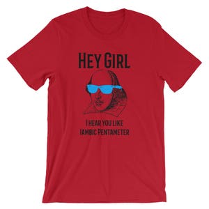 May include: Red t-shirt with a black and white illustration of William Shakespeare wearing blue sunglasses. The text "Hey Girl" is above the illustration and "I hear you like Iambic Pentameter" is below.