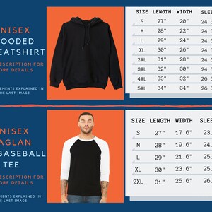 May include: Unisex hooded sweatshirt and raglan 3/4 baseball tee with size charts in inches. The hooded sweatshirt is black and the raglan tee is black with white sleeves.