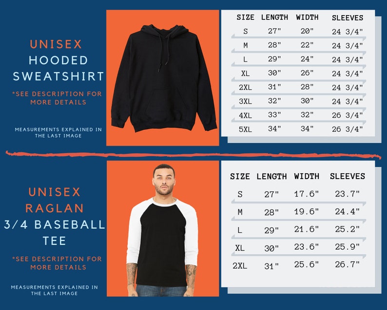 May include: Unisex hooded sweatshirt and raglan 3/4 baseball tee with size charts in inches. The hooded sweatshirt is black and the raglan tee is black with white sleeves.