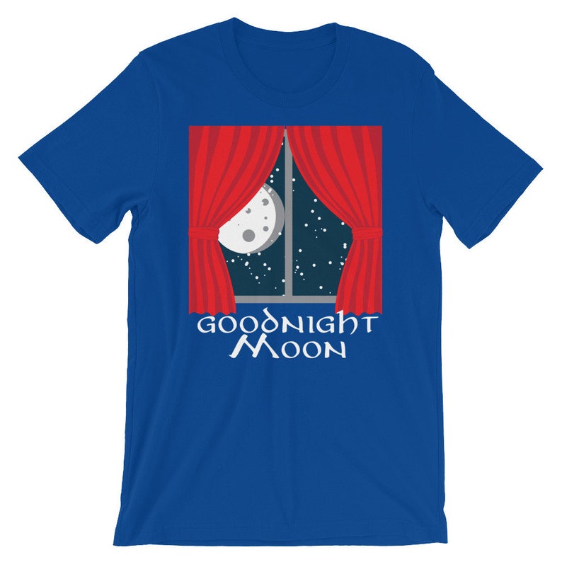 May include: A royal blue t-shirt with a red window with white curtains and a crescent moon in the night sky. The text "Goodnight Moon" is printed in white below the window.