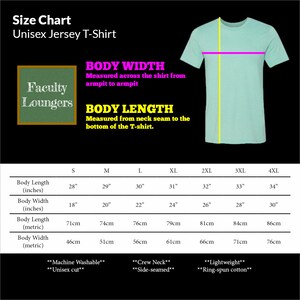 May include: Size chart for a unisex jersey t-shirt. The chart shows measurements in inches and centimeters for sizes S through 4XL. The chart also includes details about the fabric and fit, such as "Machine Washable", "Unisex cut", "Crew Neck", "Side-seamed", "Lightweight", and "Ring-spun cotton".