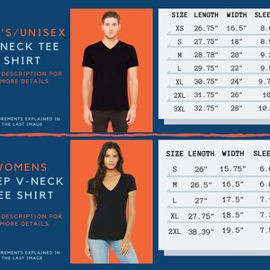 May include: Size chart for a V-neck tee shirt and a deep V-neck tee shirt. The chart shows the size, length, width, and sleeve length in inches for both styles.  *See description for more details*.