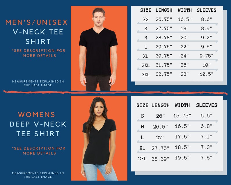 May include: Size chart for a V-neck tee shirt and a deep V-neck tee shirt. The chart shows the size, length, width, and sleeve length in inches for both styles.  *See description for more details*.