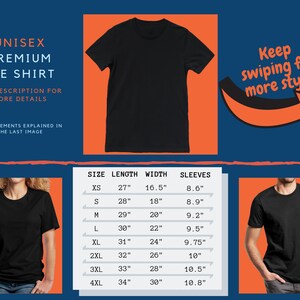 May include: Unisex black t-shirt with size chart showing measurements in inches. The chart includes sizes XS to 4XL with length, width, and sleeve measurements.