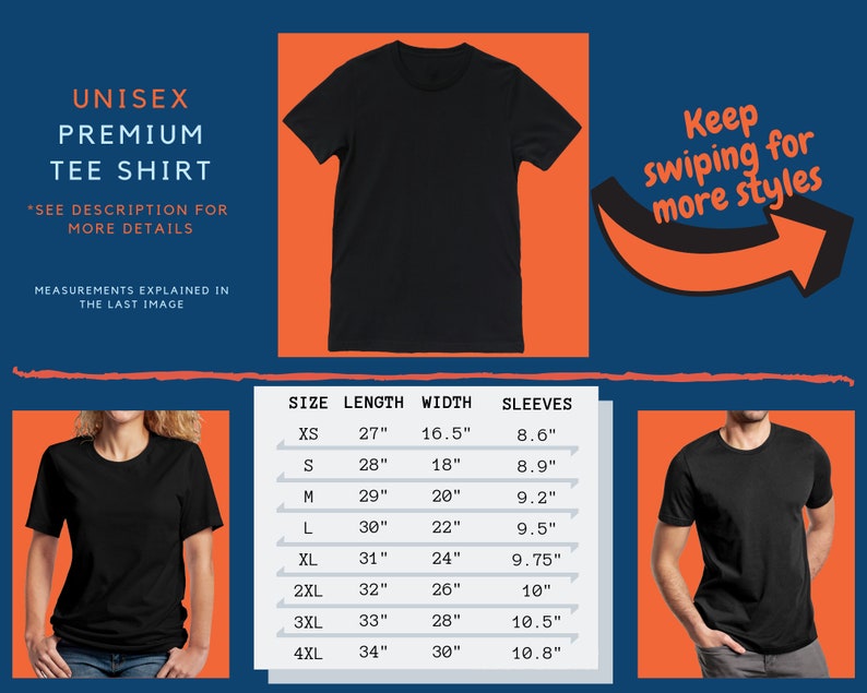 May include: Unisex black t-shirt with size chart showing measurements in inches. The chart includes sizes XS to 4XL with length, width, and sleeve measurements.