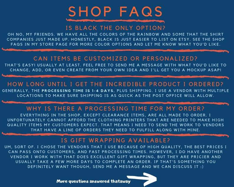 May include: A blue and white graphic with the text "SHOP FAQS" in large white letters. The graphic answers frequently asked questions about a shop, including information about color options, customization, processing time, and gift wrapping.