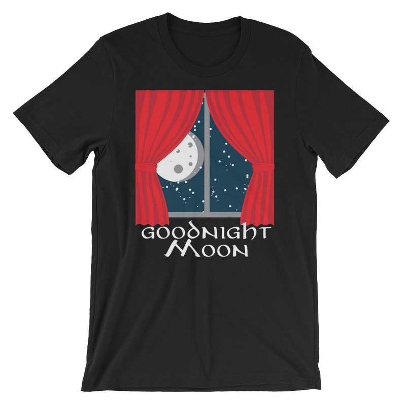 May include: Black t-shirt with a red window with white curtains and a moon and stars in the background. The text "Goodnight Moon" is printed below the window.