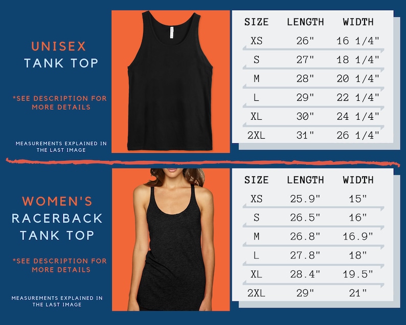 May include: Size chart for a unisex tank top and a women's racerback tank top. The chart shows the size, length, and width of each tank top in inches.