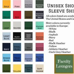 May include: A chart showing 25 different color options for a unisex short sleeve shirt. The colors are arranged in a grid with the names of each color listed below. The text "Unisex Short Sleeve Shirt" is at the top of the chart. The text "All colors listed are available in The United States and Canada." is below the chart. The text "Shirt colors currently available in Europe:" is below the previous text. The text " -White", " -Black", " -Asphalt", " -Navy", " -Red", " -Black Heather", " -Yellow", " -Athletic Heather", " -Dark Grey Heather" is listed below the previous text. The text "Faculty Loungers" is in a green box at the bottom right of the chart.