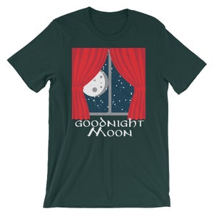 May include: A dark green t-shirt with a red curtain window design. The window shows a crescent moon and stars in a night sky. The text "Goodnight Moon" is printed below the window.