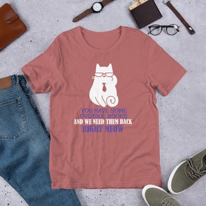 May include: A pink t-shirt with a white cat wearing sunglasses and a tie. The text on the shirt reads "You have some overdue books and we need them back right meow."