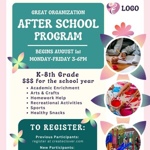 Puede incluir: Un folleto rosa y turquesa que promociona un programa extraescolar para estudiantes de 1º a 8º grado. El folleto incluye el nombre del programa, la fecha de inicio y el horario. Enumera actividades como enriquecimiento académico, artes y manualidades y deportes.