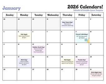 2026 Calendar Template: Simple Printable Canva Planner (Digital Download)