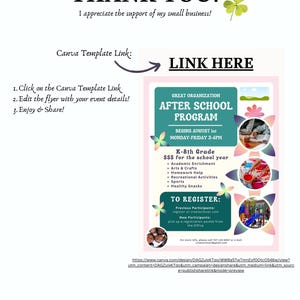 May include: A flyer with the text "THANK YOU!" and "I appreciate the support of my small business!" It promotes an after-school program for K-8th grade students, including academic enrichment, arts & crafts, and sports.