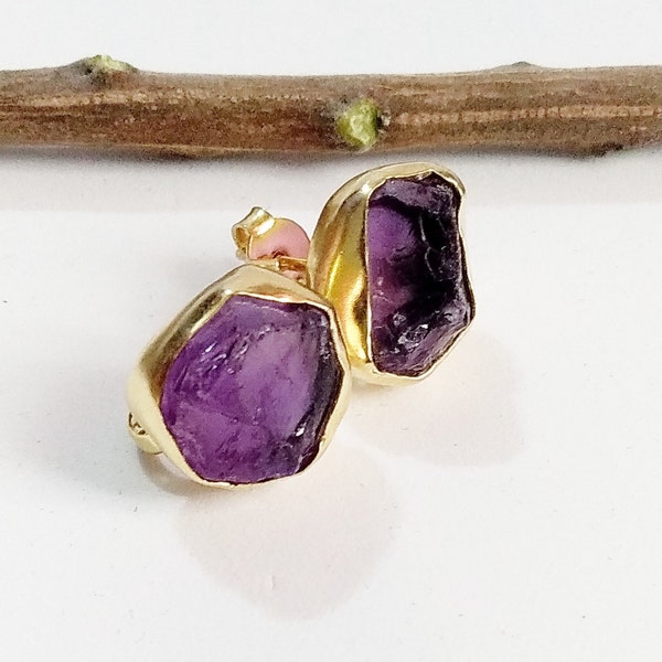 Raw uncut AMETHYST ROUGH gemstone stud earrings | 925 Sterling Silver Natural gemstone stud earrings | February Birthstone Earrings