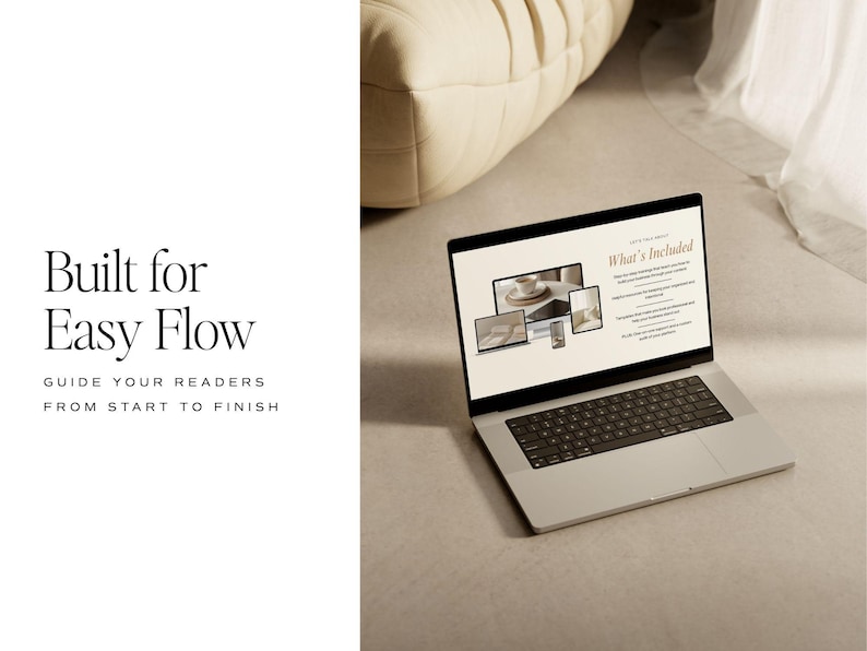 May include: A silver laptop showing a website with the text "What's Included" and images of different devices. The laptop is open on a light surface, with the text "Built for Easy Flow" on the left side.