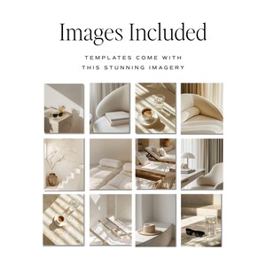 May include: Twelve lifestyle images in a neutral colour palette are displayed. The images include a coffee cup, sunglasses, a book, and a hat. Text at the top reads "Images Included".