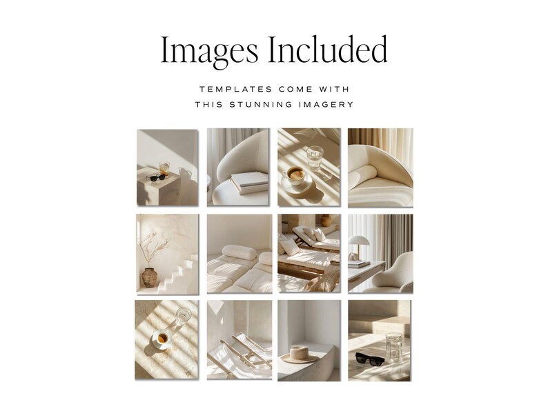 May include: Twelve lifestyle images in a neutral colour palette are displayed. The images include a coffee cup, sunglasses, a book, and a hat. Text at the top reads "Images Included".