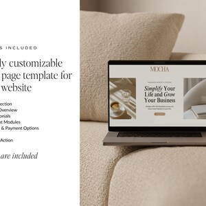 May include: A laptop showing a website template with the text "Simplify Your Life and Grow Your Business." The laptop is on a beige sofa. Text on the left side reads "What's Included" and lists features of the template.