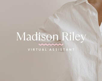 May include: A person wearing a white button-down shirt. The image features the text "Madison Riley" above a pink wavy line and the words "Virtual Assistant". The background is a solid, neutral color.