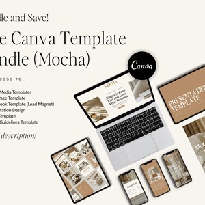 May include: A digital marketing bundle called "The Canva Template Bundle (Mocha)" featuring a laptop, tablets, and smartphones showcasing templates. The bundle includes social media, sales page, and presentation templates. The Canva logo is visible.