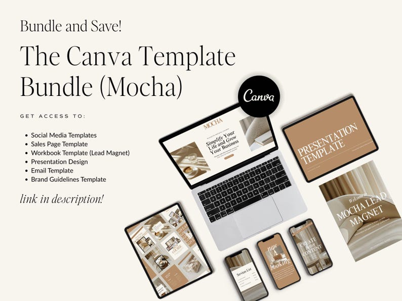 May include: A digital marketing bundle called "The Canva Template Bundle (Mocha)" featuring a laptop, tablets, and smartphones showcasing templates. The bundle includes social media, sales page, and presentation templates. The Canva logo is visible.