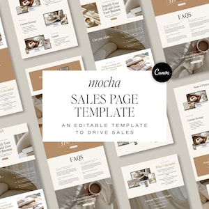 May include: A selection of mocha-coloured sales page templates with the text "mocha SALES PAGE TEMPLATE" and "AN EDITABLE TEMPLATE TO DRIVE SALES". The templates feature images and text, with a Canva logo.