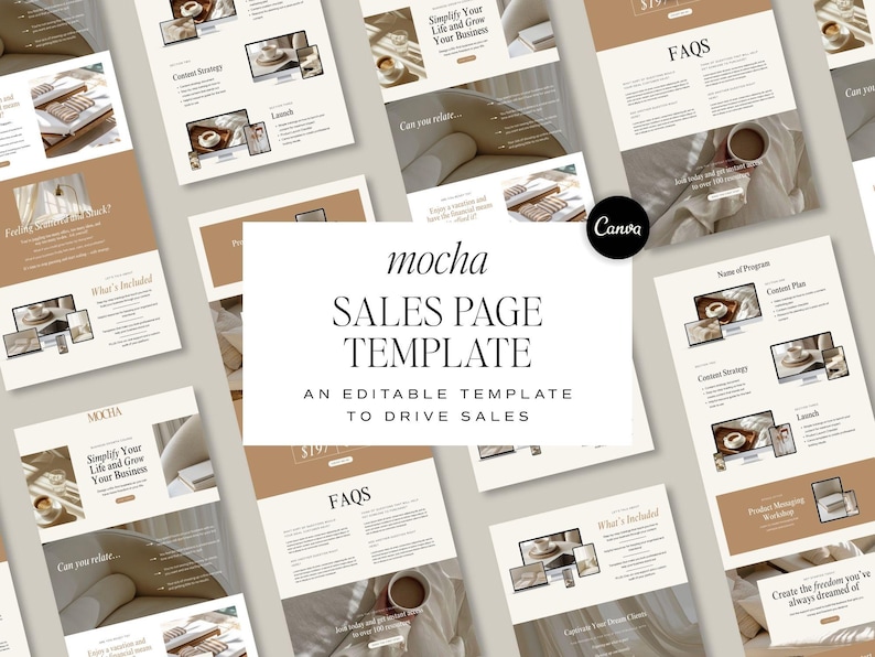 May include: A selection of mocha-coloured sales page templates with the text "mocha SALES PAGE TEMPLATE" and "AN EDITABLE TEMPLATE TO DRIVE SALES". The templates feature images and text, with a Canva logo.