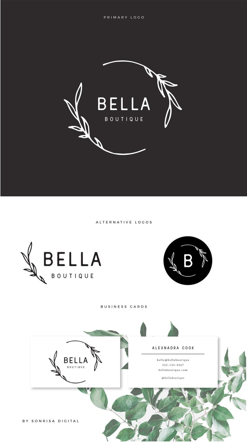 logo design branding kit fully customizable boutique logo design leaf logo circle logo brand identity etsy branding logo design