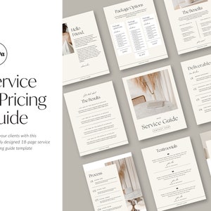 Service and Pricing Guide Template - customizable Canva template, 18-page service guide with content prompts for service-based, A4