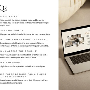 May include: A laptop showing a webpage titled "What's Included" with design template images. The laptop sits on a light surface, with "FAQs" and answers to common questions on the left. The screen displays a design template.