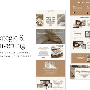 May include: A website design mockup in a neutral colour scheme, with the word "MOCHA" at the top. The design includes text such as "Simplify Your Life and Grow Your Business" and "Strategic & Converting". The layout showcases various program elements.