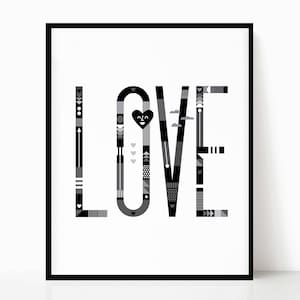 LOVE Printable • Natychmiastowe pobranie cyfrowe • Geometryczne • Nowoczesna sztuka ścienna Love • Czarno-białe • Inspirowane Tad Carpenter • Dekoracja ścienna
