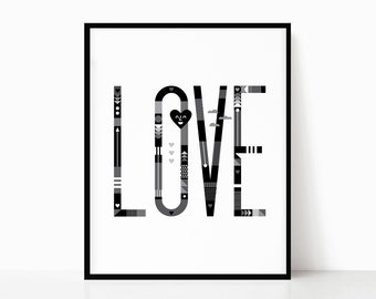 LOVE Printable • Instant Digital Download • Geometric • Modern Love Wall Art • Black and White • Tad Carpenter Inspired • Wall Decor