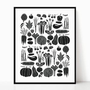 Vegetables Printable • Black and White • Modern Kitchen Wall Art • Food Illustration • Instant Download • Minimalist Poster • Housewarming