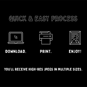 May include: A graphic showing a quick and easy process for downloading, printing, and enjoying high-resolution JPEG images in multiple sizes. The graphic features icons of a laptop, printer, and framed picture.