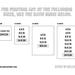 May include: A black and white graphic showing different print sizes for artwork. The graphic is divided into three sections: square, 4:5 ratio, and 3:4 ratio. Each section lists the maximum size for square prints and the different sizes available for the other ratios. The graphic also includes the text "STORY OF SULLIVAN".