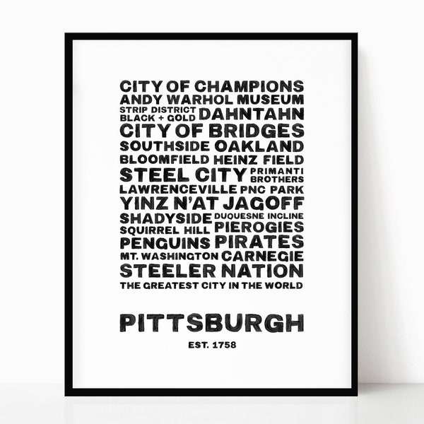 Pittsburgh Typography Wall Art • Instant Digital Download • Steel City Poster • Black and White Print • Minimal • PGH Neighborhood Printable