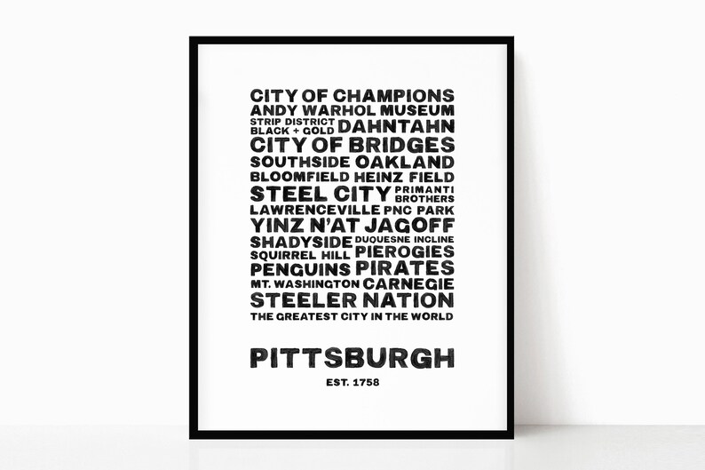 Pittsburgh Typography Wall Art Instant Digital Download Steel City Poster Black and White Print Minimal PGH Neighborhood Printable image 1