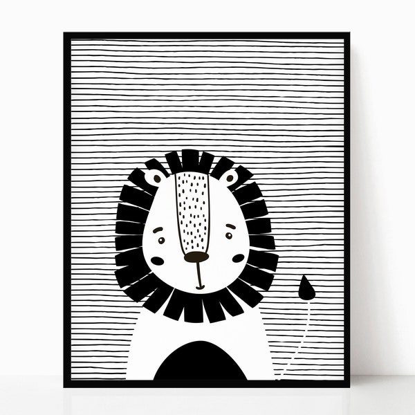 Lion Nursery Print: Black and White Scandinavian Illustration (Digital Download)