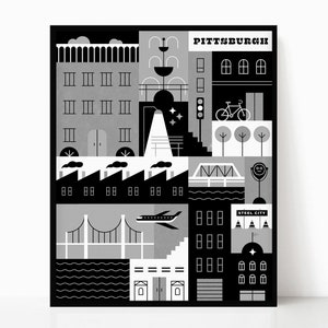 Pittsburgh Illustration Wall Art • Digital Download • Steel City Poster • Black and White Print • Minimal • PGH Neighborhood Printable • 412