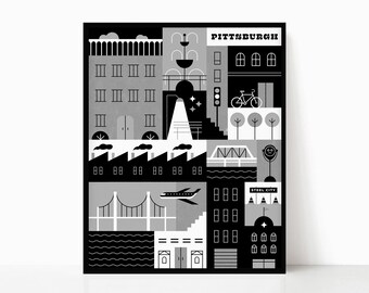 Pittsburgh Illustration Wall Art • Digital Download • Steel City Poster • Black and White Print • Minimal • PGH Neighborhood Printable • 412