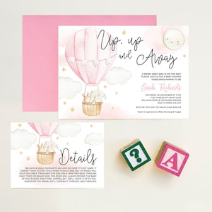 Oh de plaatsen, omhoog en weg hete luchtballon, roze meisje baby shower uitnodiging, boekdetails kaart, bewerkbare sjabloon Instant Download UPUP1