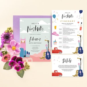 May include: A colourful invitation for a 40th birthday party in Nashville, Tennessee. The invitation features a guitar, cowboy boots, a red pickup truck, and a skyline of Nashville. The text on the invitation reads "Hello Nashville, Please join us to celebrate Rebecca's 40th Birthday, 17-19 November 2022, The 404 Hotel, 404 12th Avenue S, Nashville, TN. Please refer to the itinerary for more information."