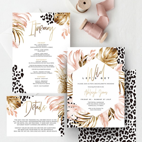 Let's Get Wild, Bachelorette Party Invitation, Itinerary Card, Cheetah Print, Safari Theme, Tropical, Editable Template Download, TROP07