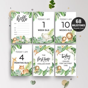 Safari Baby mijlpaalkaarten afdrukbaar, maandelijkse foto prop, uniek cadeau voor nieuwe moeder, baby shower aandenken aanwezig, genderneutraal 4x6, SAF01